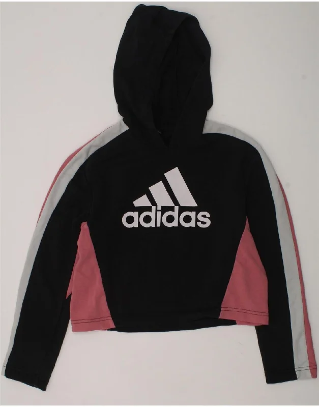 ADIDAS Girls Crop Graphic Hoodie Jumper 11-12 Years Black Colourblock