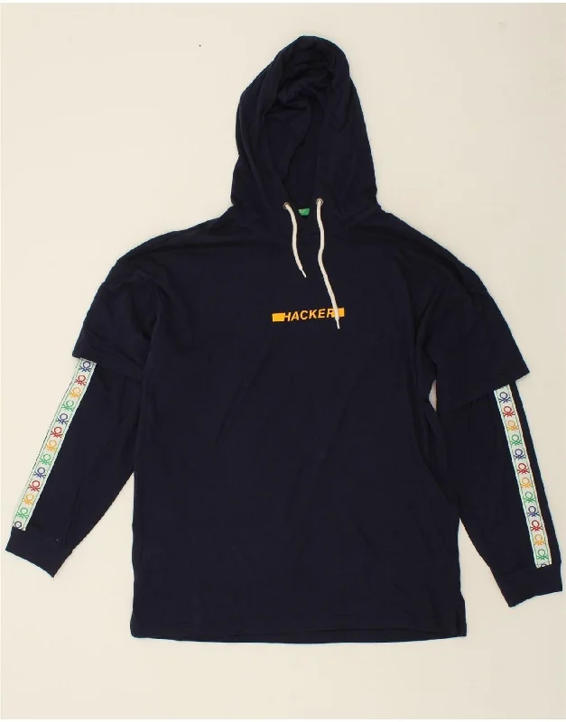 BENETTON Mens Graphic Hoodie Jumper Large Navy Blue Cotton Hoodie with Lining Warm Insulated BENETTON Mens Graphic Hoodie Jumper Large Navy Blue Cotton Hoodie with Lining Warm Insulated