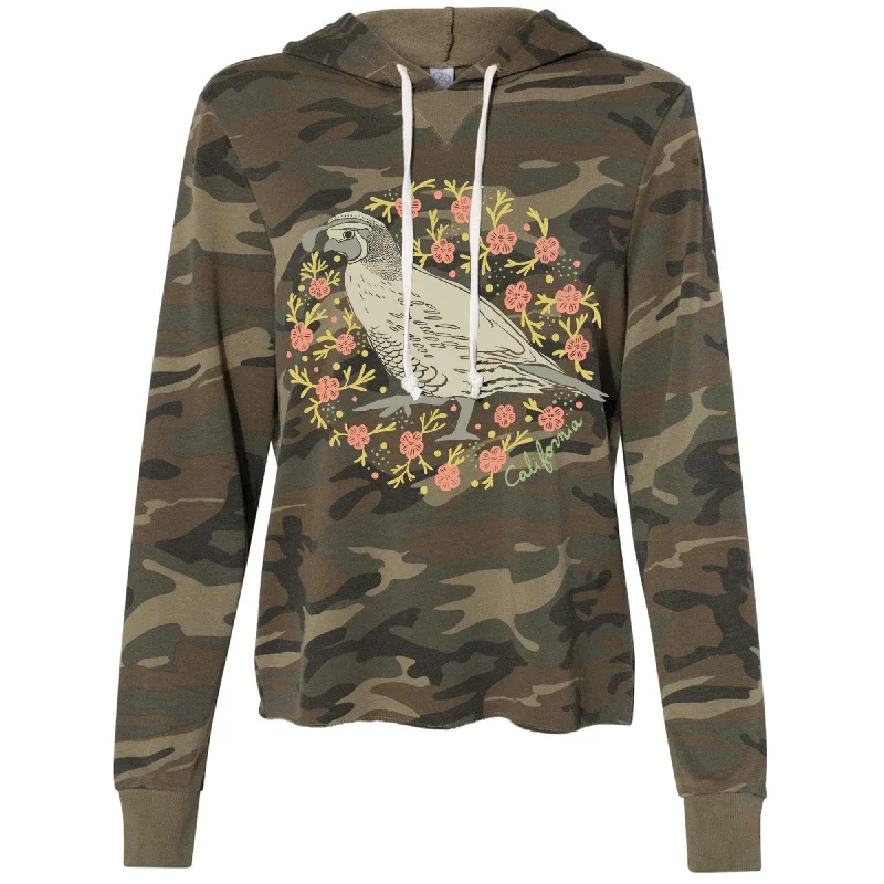 California Poppy Quail Burnout Hoodie Hoodie with Hem Frayed Vintage Worn
