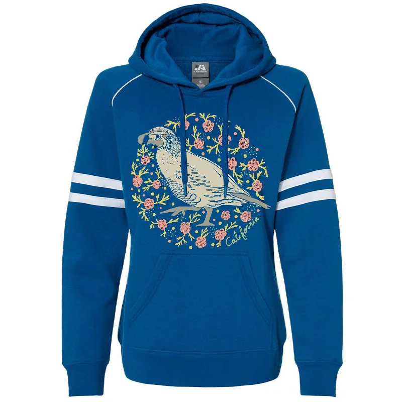 California Poppy Quail Varsity Hoodie Hoodie with Hem Embroidery Detailed Premium