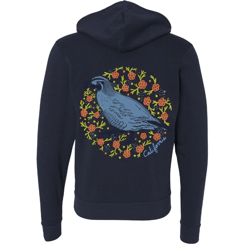 California Poppy Quail Zipper Hoodie Hoodie with Tied Waist Feminine Flattering