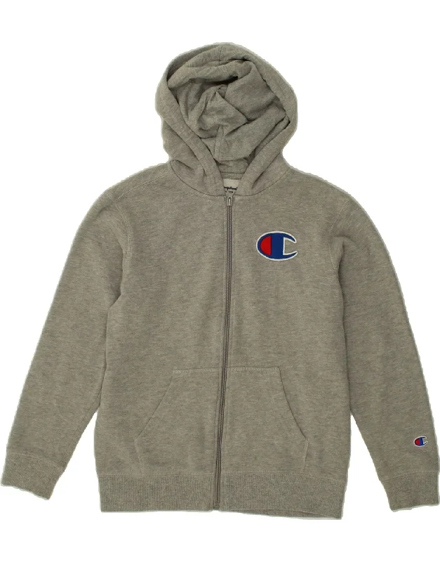 CHAMPION Boys Graphic Zip Hoodie Sweater 12-13 Years Medium Grey Cotton