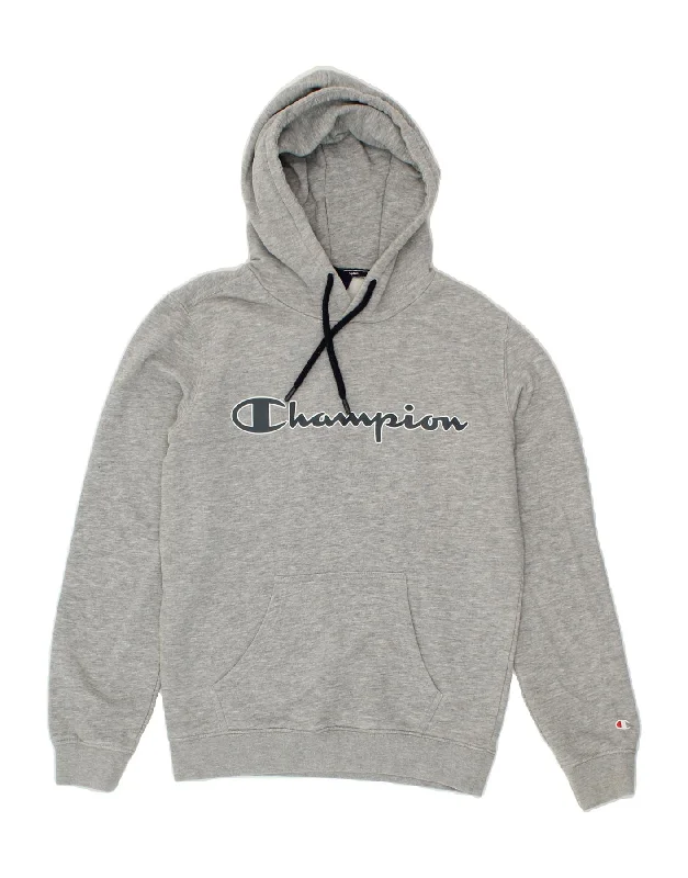 CHAMPION Mens Graphic Hoodie Jumper XS Grey Hoodie with Hem Patch Decorative Personalized CHAMPION Mens Graphic Hoodie Jumper XS Grey Hoodie with Hem Patch Decorative Personalized