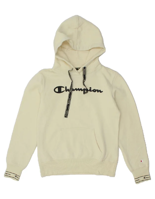 CHAMPION Womens Graphic Hoodie Jumper UK 10 Small Beige Cotton