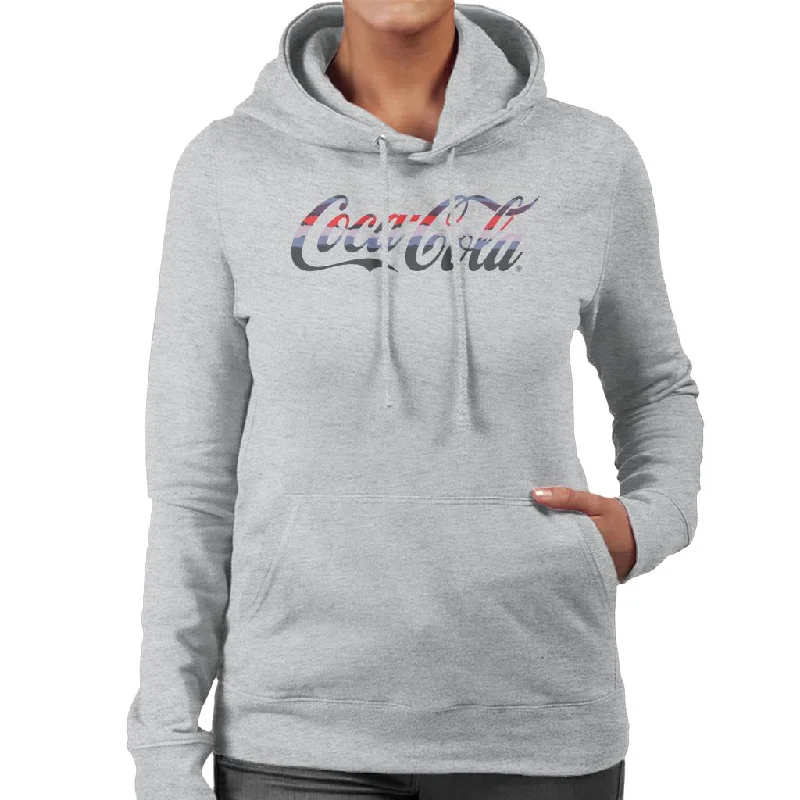 Coca Cola Horizon Stripe Logo Women's Hooded Sweatshirt Hoodie with Frayed Bohemian Relaxed Coca Cola Horizon Stripe Logo Women's Hooded Sweatshirt Hoodie with Frayed Bohemian Relaxed