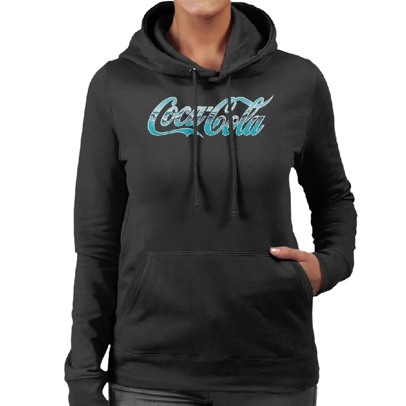 Coca Cola Surf Infill Logo Women's Hooded Sweatshirt Hoodie with Hem Raw Edge Edgy Unfinished Coca Cola Surf Infill Logo Women's Hooded Sweatshirt Hoodie with Hem Raw Edge Edgy Unfinished