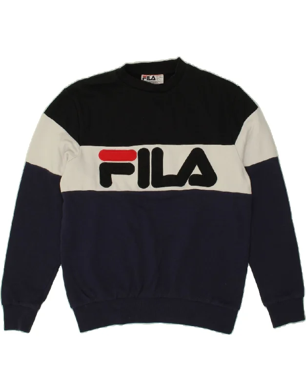 FILA Mens Graphic Sweatshirt Jumper Small Navy Blue Colourblock Cotton