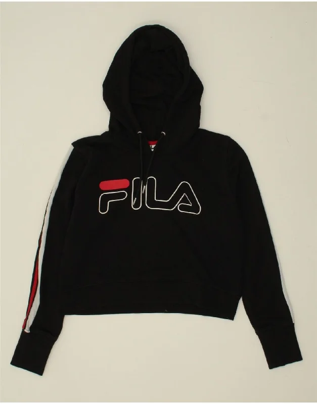 FILA Womens Graphic Hoodie Jumper UK 10 Small Black Cotton Hoodie with Pastel Soft Subtle FILA Womens Graphic Hoodie Jumper UK 10 Small Black Cotton Hoodie with Pastel Soft Subtle