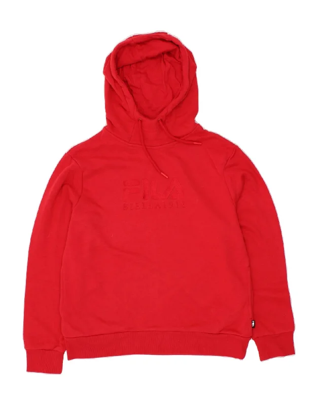 FILA Womens Graphic Hoodie Jumper UK 12 Medium Red Cotton Hoodie with Earth Tones Natural Calm FILA Womens Graphic Hoodie Jumper UK 12 Medium Red Cotton Hoodie with Earth Tones Natural Calm