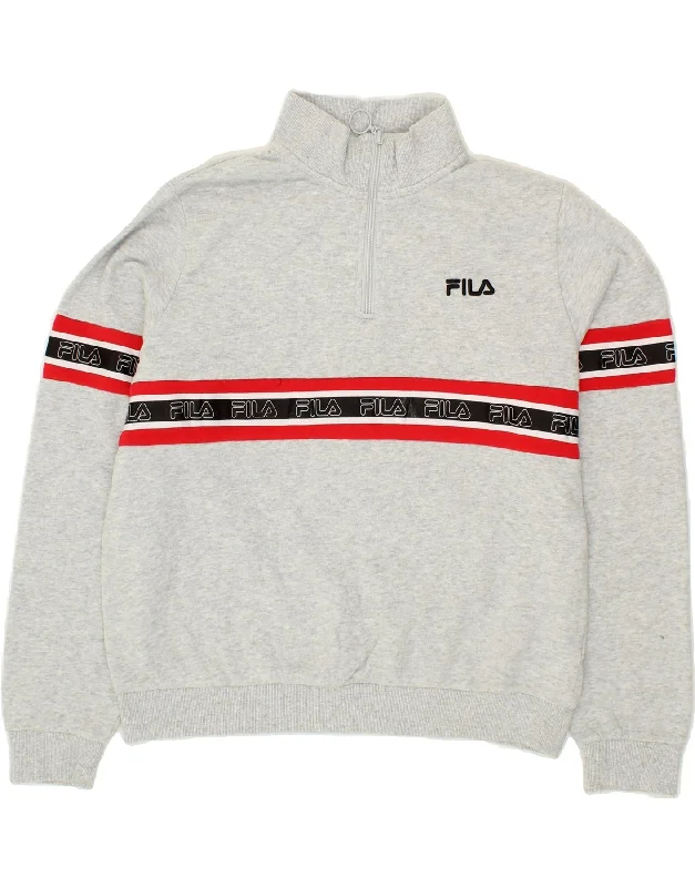 FILA Womens Graphic Zip Neck Sweatshirt Jumper UK 12 Medium Grey Cotton Hoodie with Hem Applique Textured Unique FILA Womens Graphic Zip Neck Sweatshirt Jumper UK 12 Medium Grey Cotton Hoodie with Hem Applique Textured Unique