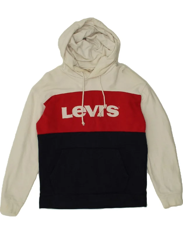 LEVI'S Mens Graphic Hoodie Jumper XS White Colourblock Cotton