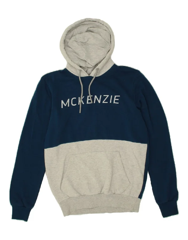 MCKENZIE Mens Graphic Hoodie Jumper Medium Navy Blue Colourblock Cotton