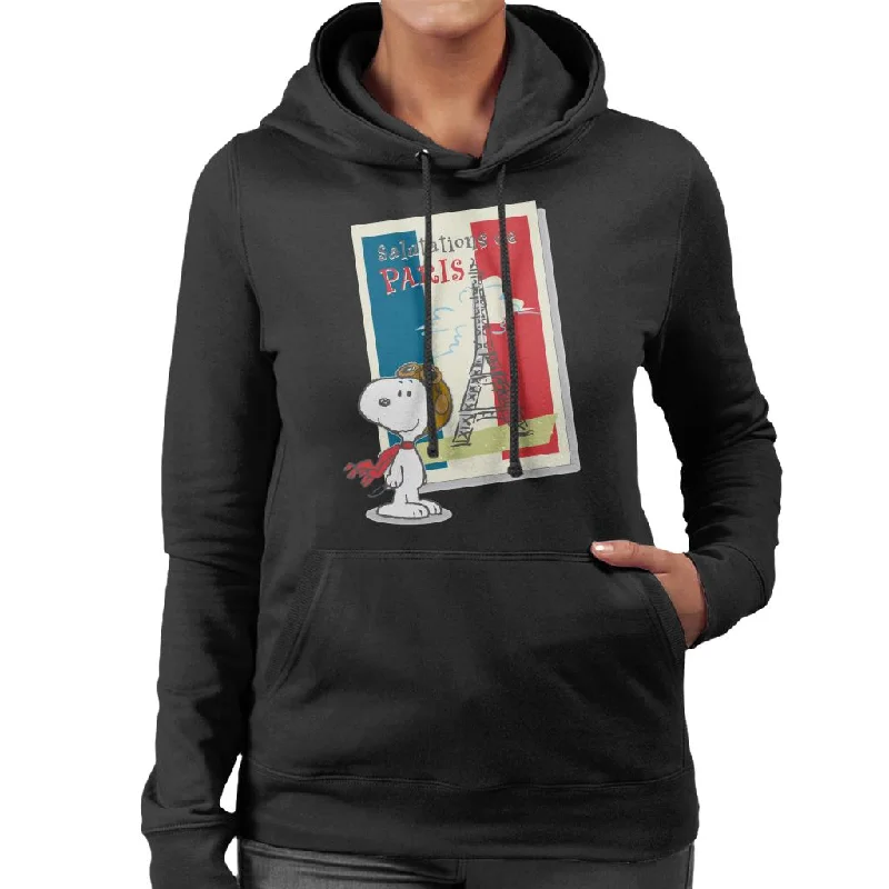 Peanuts Snoopy In Paris Women's Hooded Sweatshirt Hoodie with Mock Neck Collared Structured Peanuts Snoopy In Paris Women's Hooded Sweatshirt Hoodie with Mock Neck Collared Structured
