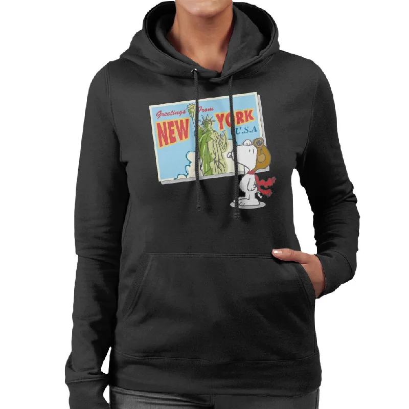 Peanuts Snoopy New York Postcard Design Women's Hooded Sweatshirt Hoodie with Half-Zip Sporty Casual Peanuts Snoopy New York Postcard Design Women's Hooded Sweatshirt Hoodie with Half-Zip Sporty Casual