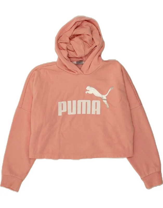 PUMA Girls Graphic Crop Hoodie Jumper 11-12 Years Pink Cotton