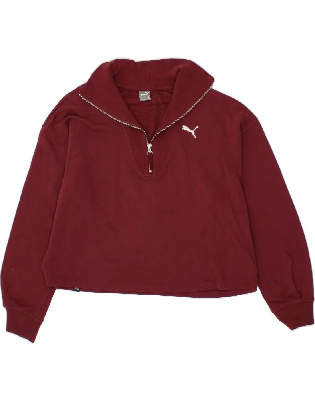 PUMA Womens Crop Zip Neck Sweatshirt Jumper UK 14 Medium Burgundy Cotton