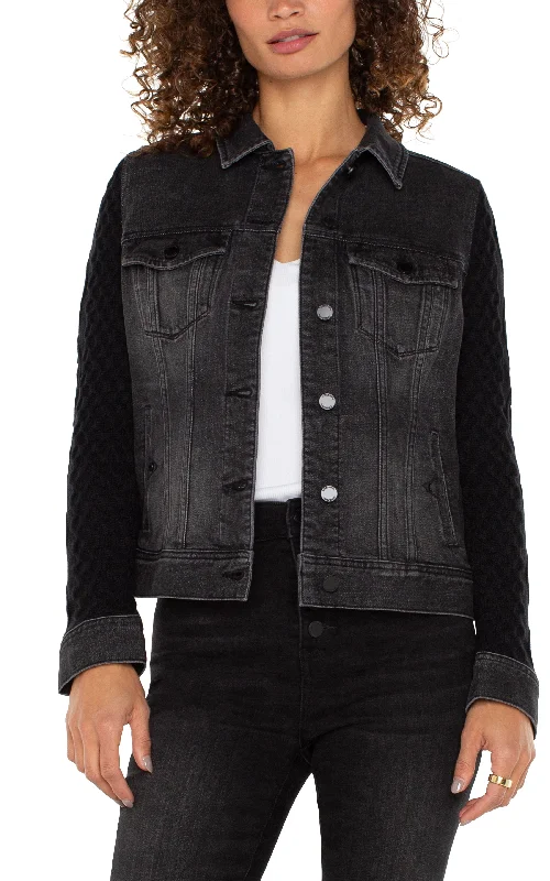 DENIM JACKET WITH SWEATER SLEEVES Striped Jacket Polka Dot Jacket Floral Jacket