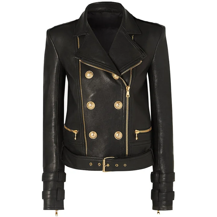 Designer Women's Lion Button Leather Biker Jacket Elasticated Jacket Padded Jacket Insulated Jacket Designer Women's Lion Button Leather Biker Jacket Elasticated Jacket Padded Jacket Insulated Jacket