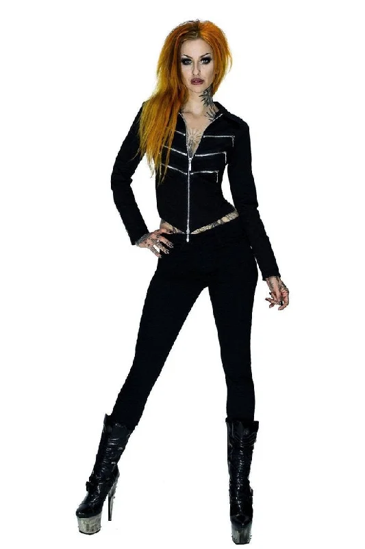 Short Elegant Black Cotton Jacket - Shelly Stand-Up Collar Roll-Neck Collar Turtle Neck