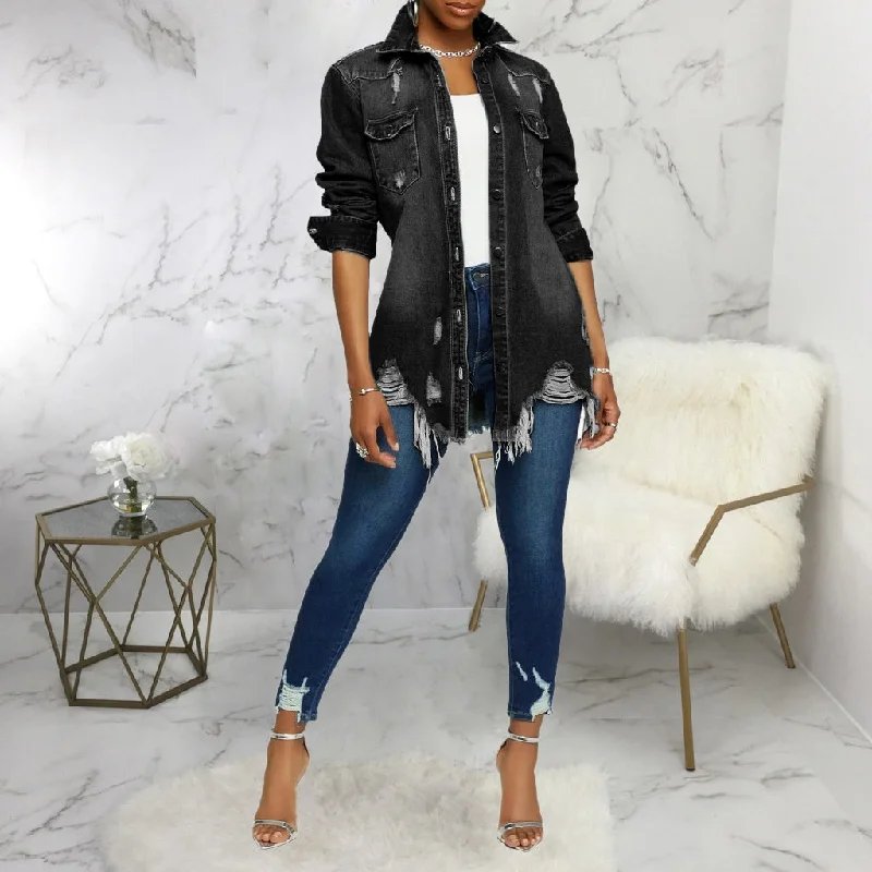 FZ Women's  Loose Ripped Washed Blue Denim Jacket