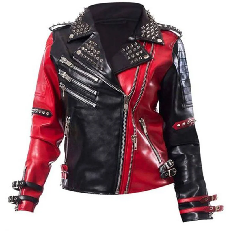 Harley Quinn Heartless Asylum Studded Biker Red and Black Costume Real Leather Jacket Collared Jacket Crew Neck Jacket Turtle Neck Jacket Harley Quinn Heartless Asylum Studded Biker Red and Black Costume Real Leather Jacket Collared Jacket Crew Neck Jacket Turtle Neck Jacket