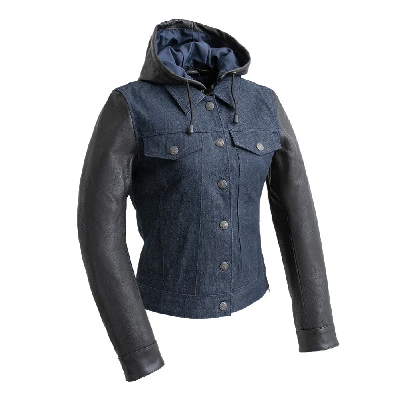 Holli - Motorcycle Denim/Leather Jacket Elasticated Jacket Padded Jacket Insulated Jacket Holli - Motorcycle Denim/Leather Jacket Elasticated Jacket Padded Jacket Insulated Jacket