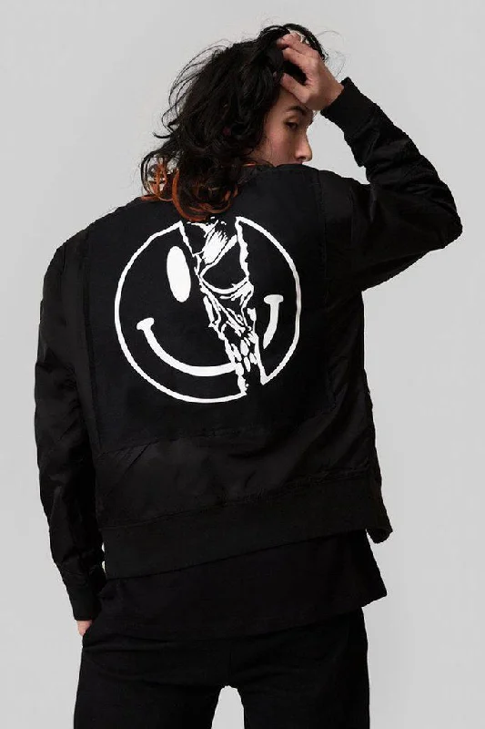 Killer Smiley MA1 Patch Jacket - Unisex One-Shoulder Jacket Off-the-Shoulder Jacket Asymmetrical Jacket Killer Smiley MA1 Patch Jacket - Unisex One-Shoulder Jacket Off-the-Shoulder Jacket Asymmetrical Jacket