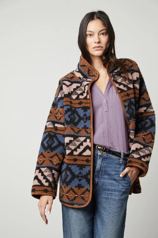 LAILA PRINTED SHERPA REVERSIBLE JACKET Striped Jacket Polka Dot Jacket Floral Jacket LAILA PRINTED SHERPA REVERSIBLE JACKET Striped Jacket Polka Dot Jacket Floral Jacket