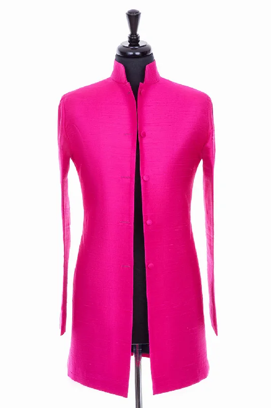 Long Nehru Jacket in Hot Pink Front Pockets Side Pockets Patch Pockets