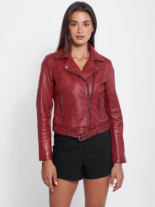 New Women's Red Genuine Leather Biker Jacket Nylon Fabric Polyester Fabric Spandex Fabric New Women's Red Genuine Leather Biker Jacket Nylon Fabric Polyester Fabric Spandex Fabric