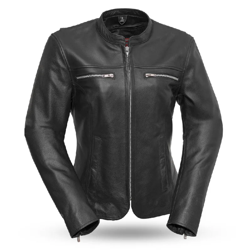 Roxy - Women's Leather Motorcycle Jacket Notch Collar Peter Pan Collar Cowl Neck