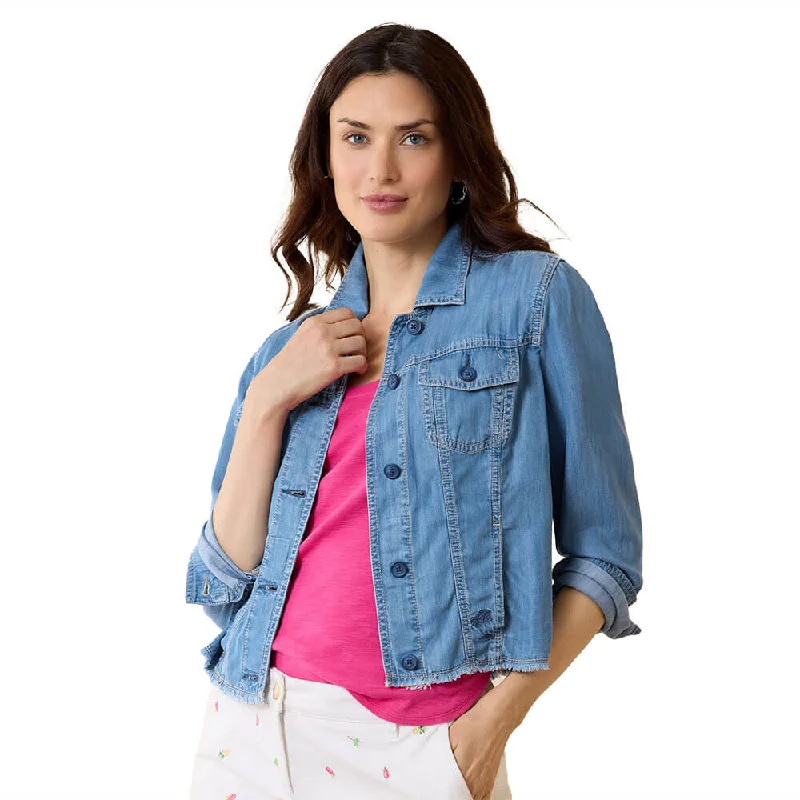 Tommy Bahama Women's Chambray O'Lei Jacket - Med Indigo Wash Boat Neck Shawl Collar Notched Collar Tommy Bahama Women's Chambray O'Lei Jacket - Med Indigo Wash Boat Neck Shawl Collar Notched Collar