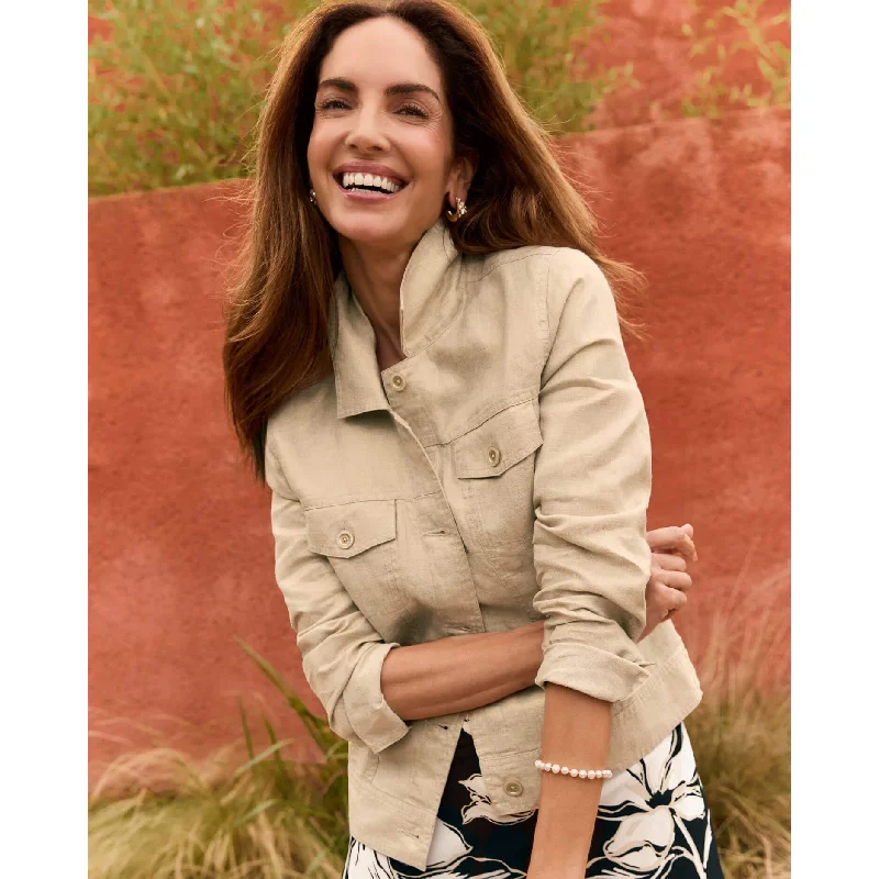 Tommy Bahama Women's Shimmer Two Palms Linen Jacket - Natural Insulated Jacket Fitted Jacket Loose Jacket Tommy Bahama Women's Shimmer Two Palms Linen Jacket - Natural Insulated Jacket Fitted Jacket Loose Jacket