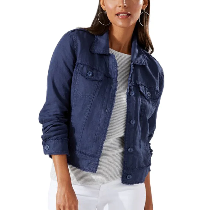 Tommy Bahama Women's Two Palms Raw Edge Jacket - Island Navy Boat Neck Shawl Collar Notched Collar Tommy Bahama Women's Two Palms Raw Edge Jacket - Island Navy Boat Neck Shawl Collar Notched Collar