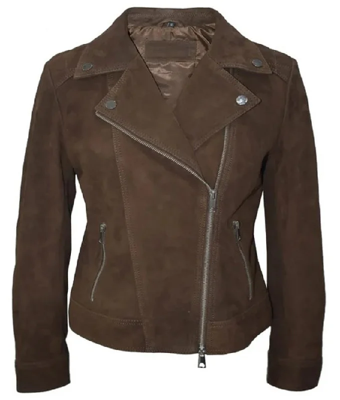 Vintage Women's Brown Casual Biker Lambskin Leather Jacket Snapped Jacket Toggled Jacket Drawstring Jacket