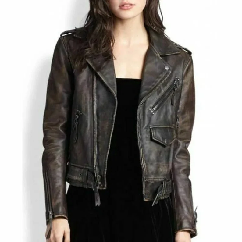 Women's Black Distressed Leather Biker Jacket Satin Jacket Silk Jacket Chiffon Jacket Women's Black Distressed Leather Biker Jacket Satin Jacket Silk Jacket Chiffon Jacket