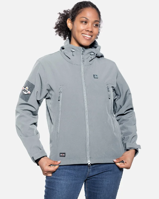 Women's Soft Shell Heated Jacket With 12V Battery Pack - Light Grey Front Pockets Side Pockets Patch Pockets Women's Soft Shell Heated Jacket With 12V Battery Pack - Light Grey Front Pockets Side Pockets Patch Pockets