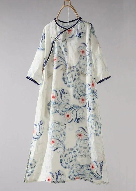 Chinese Style Blue Print Button Side Open Cotton Skirts Summer lace skirt intricate