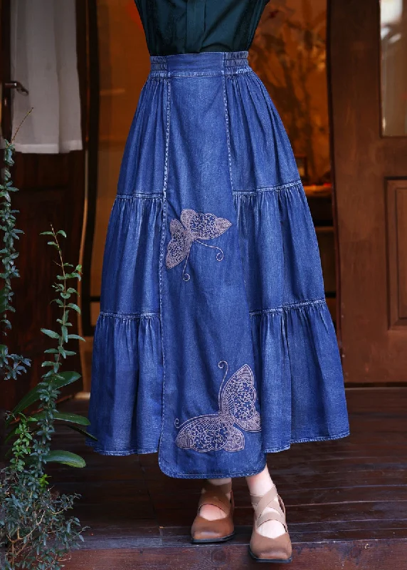 Loose Denim Navy Butterfly Embroidered Elastic Waist Maxi Skirts Summer pleated skirt texture