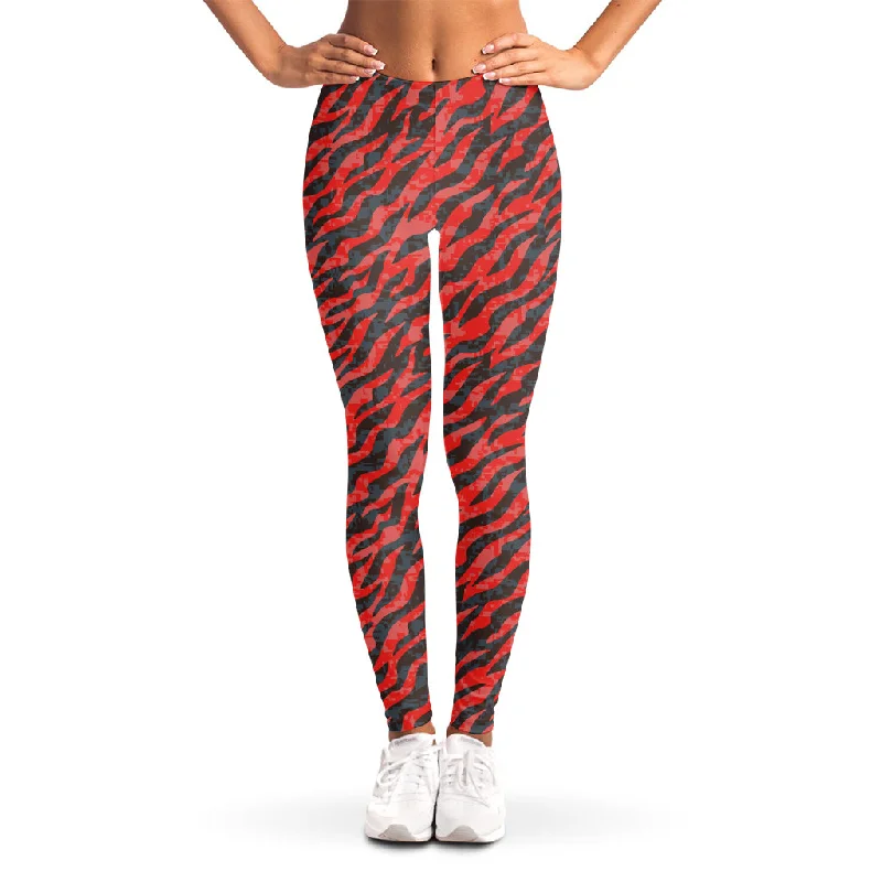 Black And Red Tiger Stripe Camo Print Women's Leggings