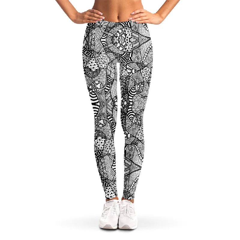 Black And White Zentangle Pattern Print Women's Leggings Comfortable Ribbed Sports Leggings Black And White Zentangle Pattern Print Women's Leggings Comfortable Ribbed Sports Leggings