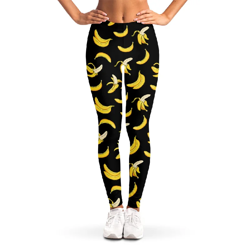 Black Cartoon Banana Pattern Print Women's Leggings Stylish Ultra Stretch Leggings
