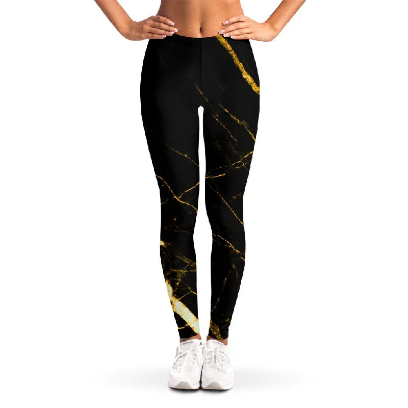 Black Gold Scratch Marble Print Women's Leggings