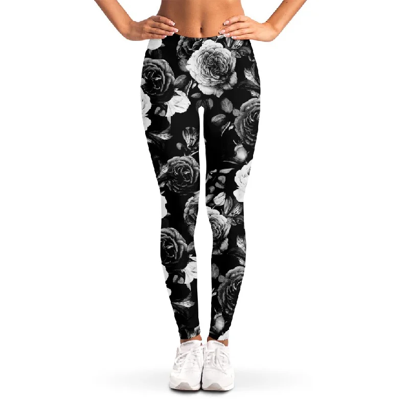 Black White Rose Floral Pattern Print Women's Leggings