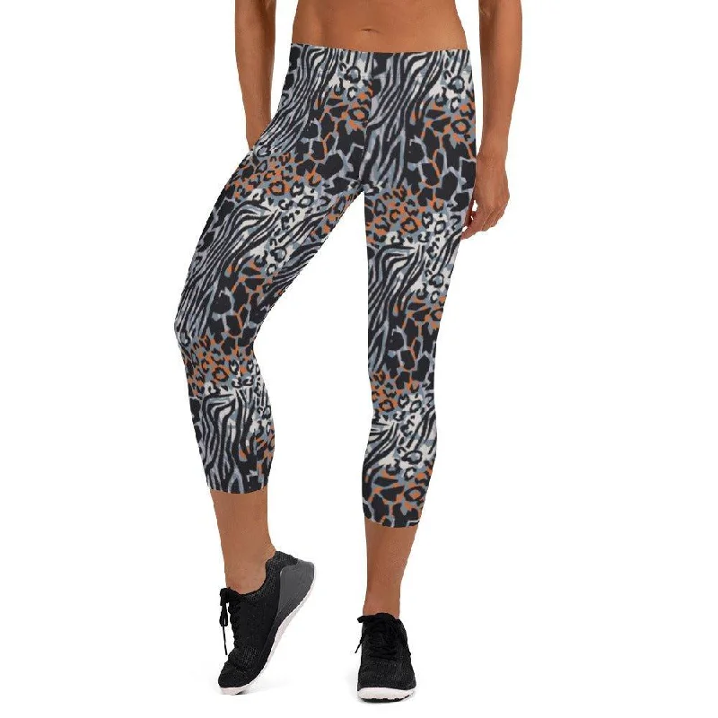 Blue Animal Print Women's Capri Leggings Fashionable Printed Leggings