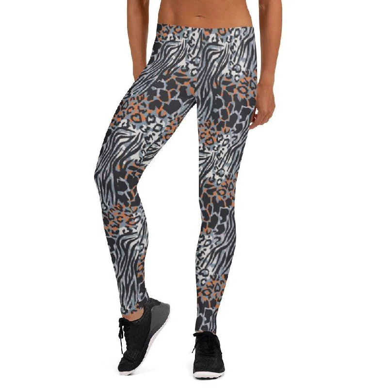 Blue Animal Print Women's Mid-Rise Leggings Fashionable Leather-Look Leggings