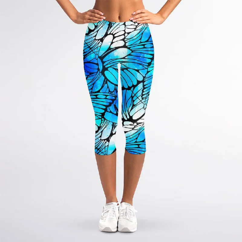 Blue Butterfly Wings Pattern Print Women's Capri Leggings Trendy Seamless Sports Leggings Blue Butterfly Wings Pattern Print Women's Capri Leggings Trendy Seamless Sports Leggings