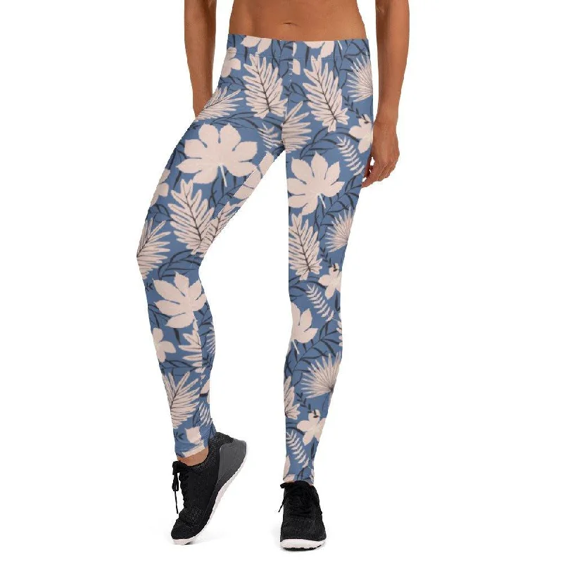 Blue Tropical Flower Women's Mid-Rise Leggings Cozy Lounge Pants Leggings
