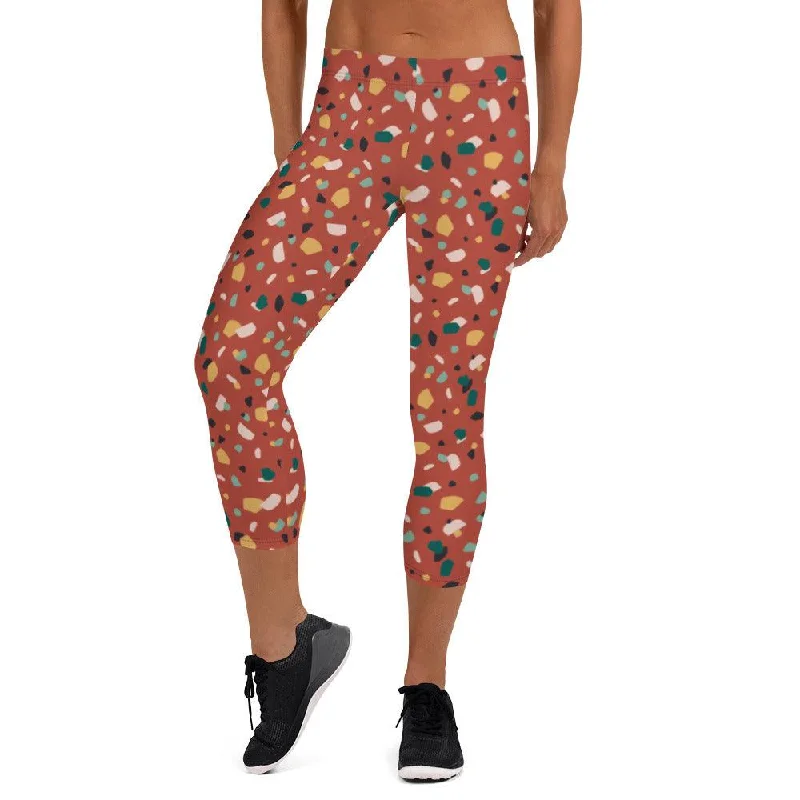 Brown Tropical Pattern Women's Capri Leggings Trendy Cold Weather Tights