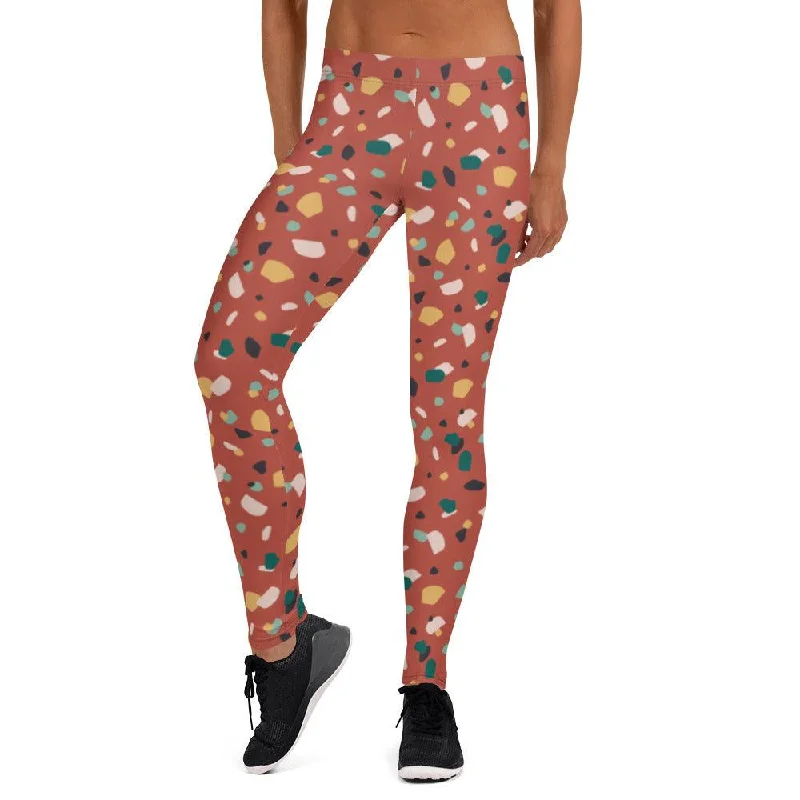 Brown Tropical Pattern Women's Mid-Rise Leggings Stylish Pockets Active Leggings
